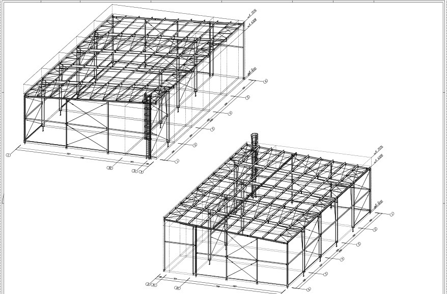 Schemat konstrukcji stalowej dwóch hal przemysłowych z wymiarami, widok izometryczny.
