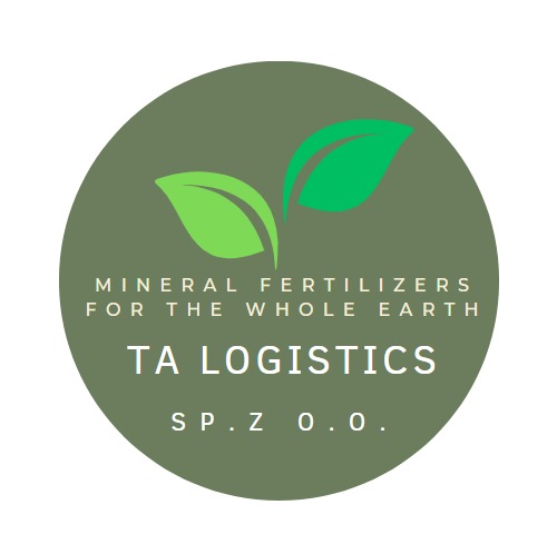 Okrągłe logo firmy TA Logistics SP. Z O.O. z dwoma zielonymi liśćmi i napisem 'MINERAL FERTILIZERS FOR THE WHOLE EARTH'.