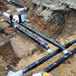 Czarny system rur zakopany w wykopie ziemnym, prawdopodobnie do ogrzewania podłogowego, z czerwonym pojemnikiem na narzędzia w pierwszym planie i częściowo ułożonymi płytami chodnikowymi w tle.