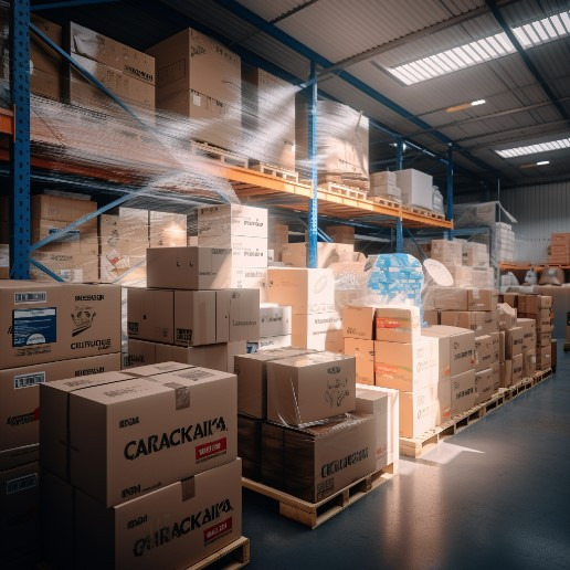 Wnętrze magazynu z paletami pełnymi kartonowych pudeł, niektóre owinięte folią stretch, regały metalowe w tle, widoczne oznaczenia na kartonach, oświetlenie sufitowe