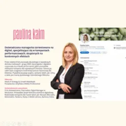Profesjonalny portret kobiety, Pauliny Kaim, specjalistki od marketingu cyfrowego, na tle informacji o jej doświadczeniu i firmie Madokado, z hasłem 'We help you run digital marketing better.'