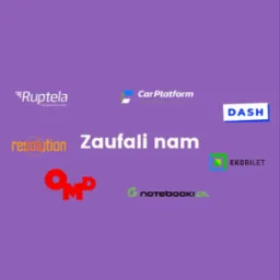 Grafika z logotypami firm 'Ruptela', 'Car Platform', 'Dash', 'Resolution', 'OMP', 'Notebooki.pl' i 'Ekobilet' na fioletowym tle z napisem 'Zaufali nam' pośrodku.