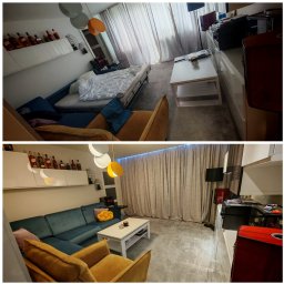 ZaCLEANaczka Sylwia Szymkiewicz - Zdjęcie przedstawia metamorfozę salonu: górna część ukazuje stan przed zmianami z rozłożonym łóżkiem, bałaganem i brakiem spójności, a dolna część prezentuje odświeżony salon z uporządkowanym...