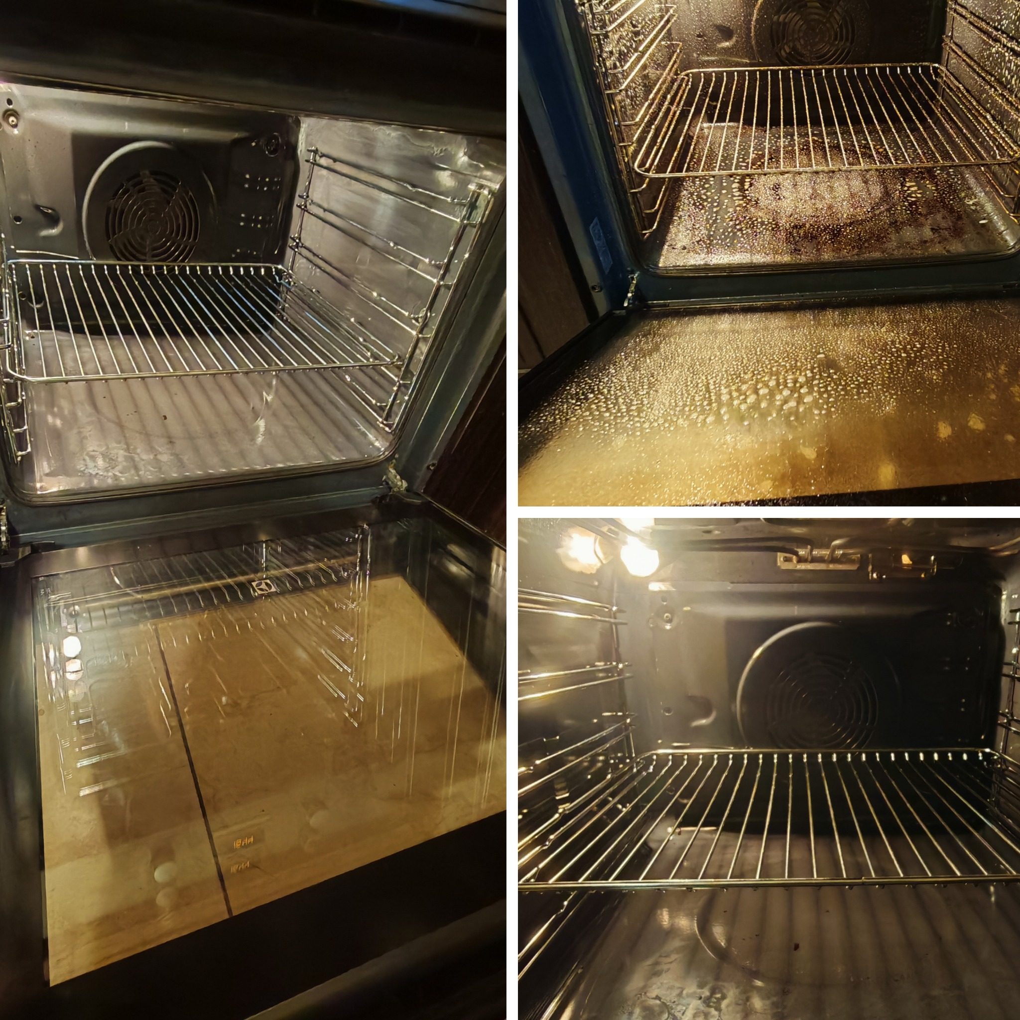 Wnętrze brudnego piekarnika przed czyszczeniem, widoczne przypalone resztki i tłuszcz na ściankach, ruszcie i szybie.