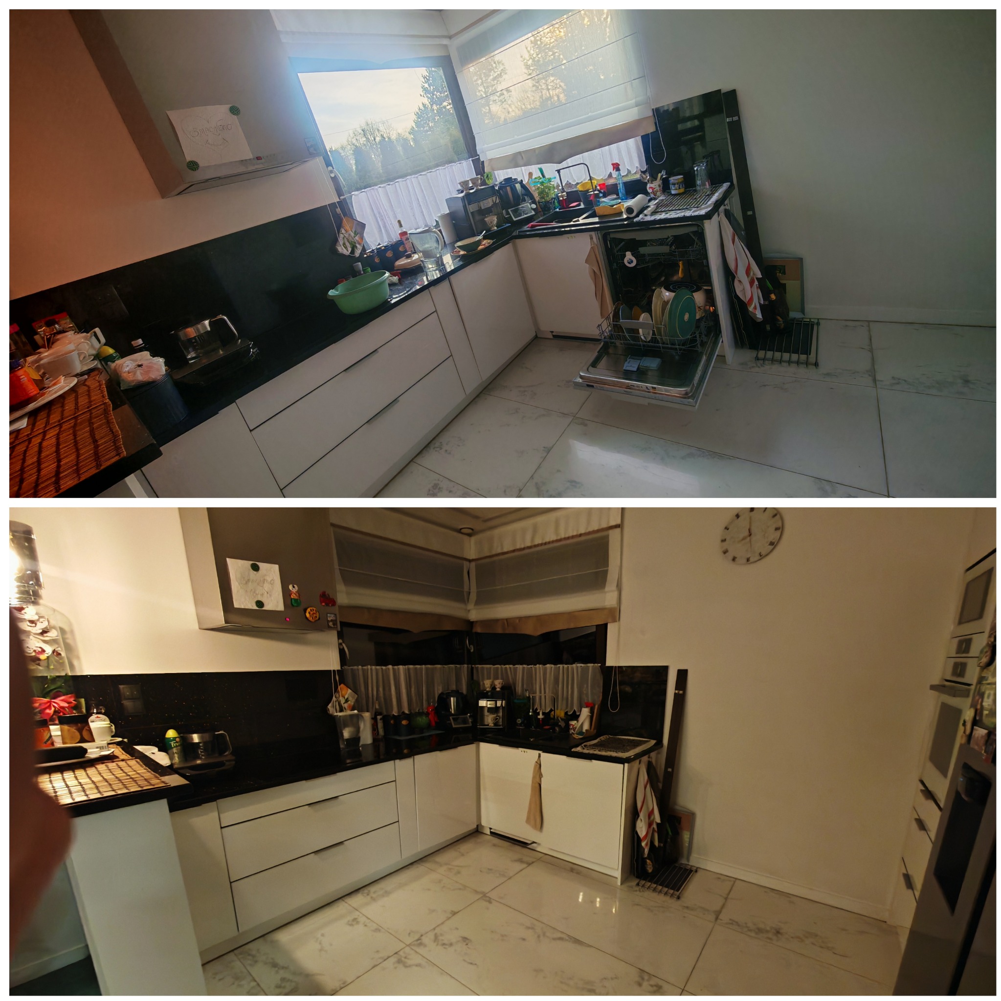 Zdjęcie przedstawia kuchnię przed i po sprzątaniu. Na górnym zdjęciu widać otwartą zmywarkę wypełnioną naczyniami, a na blacie kuchennym panuje bałagan. Dolne zdjęcie ukazuje tę samą kuchnię po...