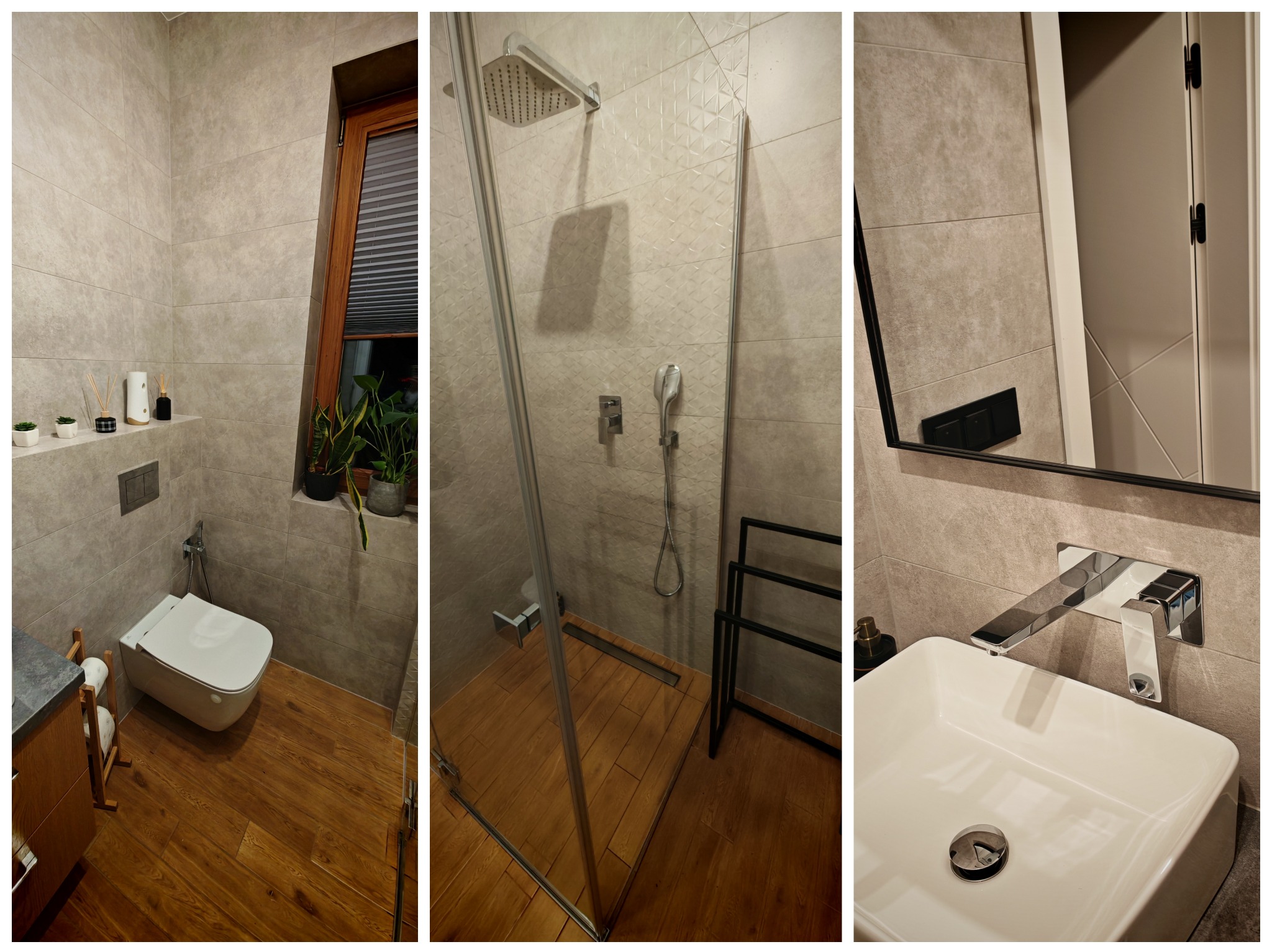 Nowoczesna łazienka z drewnianą podłogą, beżowymi płytkami, kabiną prysznicową ze szklaną ścianką, wiszącą toaletą i umywalką nablatową z chromowaną baterią.