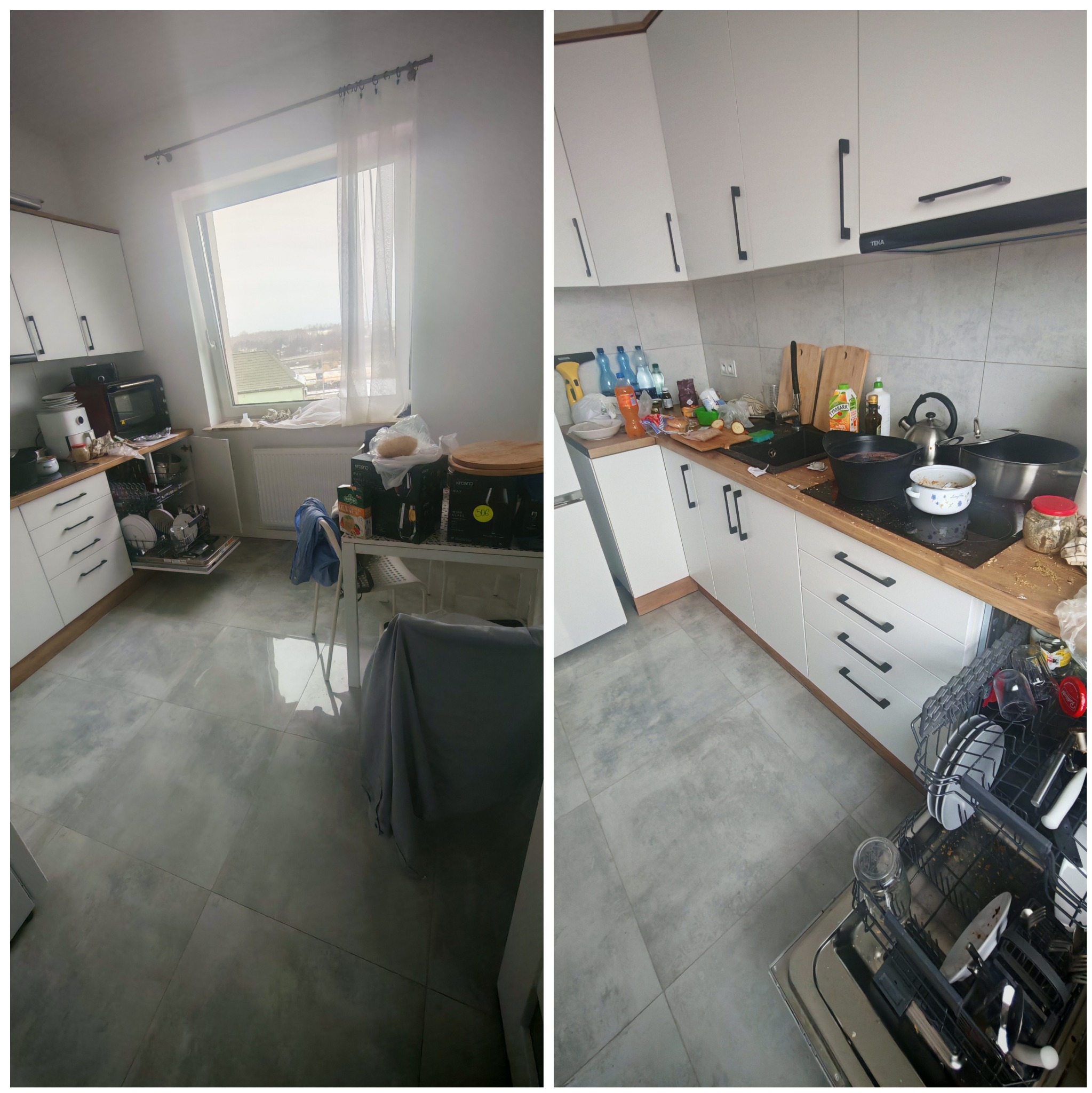Zdjęcie przedstawia kuchnię przed i po posprzątaniu, ukazując różnicę w porządku i czystości. Po lewej stronie widoczny jest bałagan, a po prawej uporządkowana przestrzeń z czystymi naczyniami...