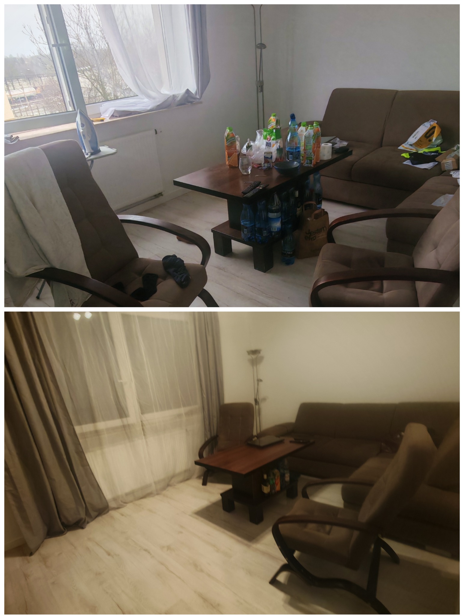 Widok salonu przed posprzątaniem: na drewnianym stoliku stoi duża ilość napojów i przekąsek, w tle brązowa sofa i dwa fotele, na parapecie żelazko.