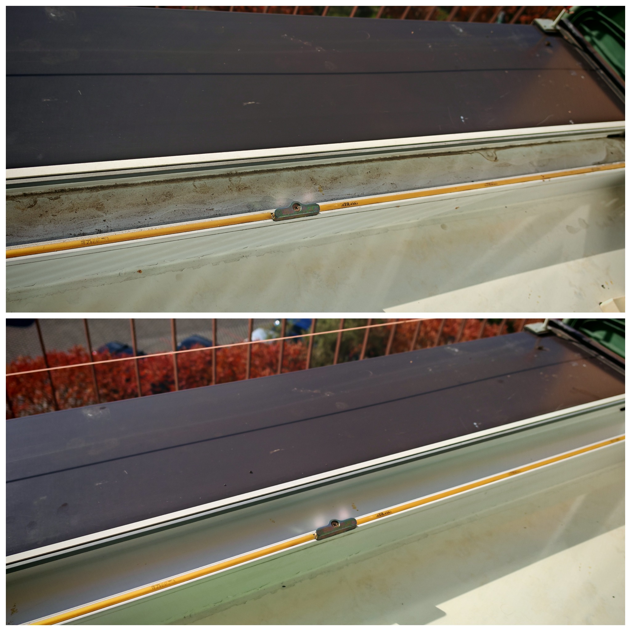 Porównanie stanu ramy okiennej balkonu przed i po czyszczeniu, widoczne osady i zabrudzenia usunięte, zarysowane detale okna.