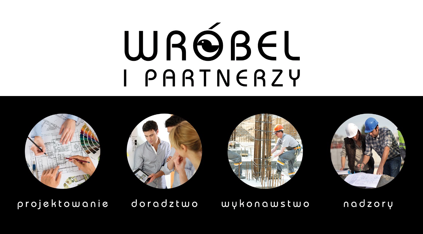 Logo firmy Wróbel i Partnerzy przedstawiające projektowanie, doradztwo, wykonawstwo i nadzory budowlane w okrągłych miniaturkach.
