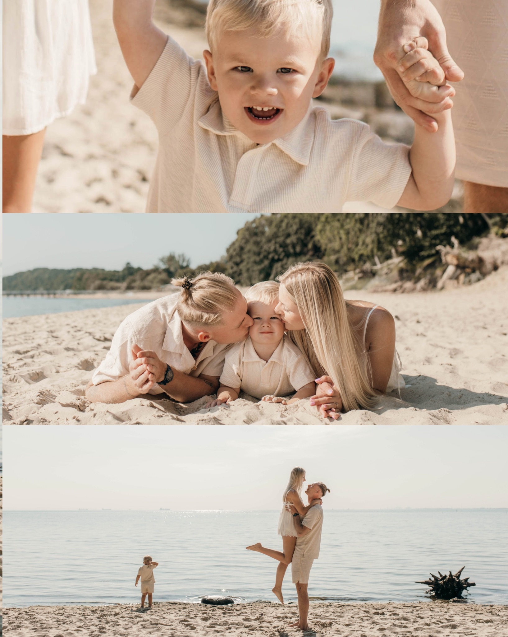 Kolaż z sesji rodzinnej na plaży: uśmiechnięty chłopiec trzymany za ręce, rodzice całujący syna leżącego na piasku, para z dzieckiem nad brzegiem morza.
