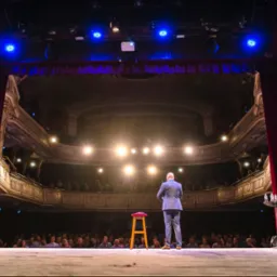 Prelegent w garniturze stoi na scenie przed publicznością w teatrze, z krzesłem i stolikiem z wodą obok, oświetlony reflektorami.