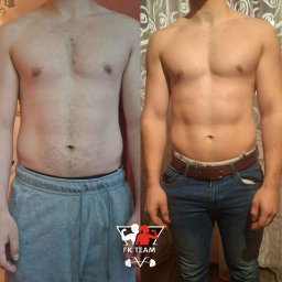 Filip Kręcichwost FK Sport - Męska sylwetka przed i po treningu: po lewej stronie w dresach, po prawej w jeansach i pasku, widoczna poprawa muskulatury i redukcja tkanki tłuszczowej.