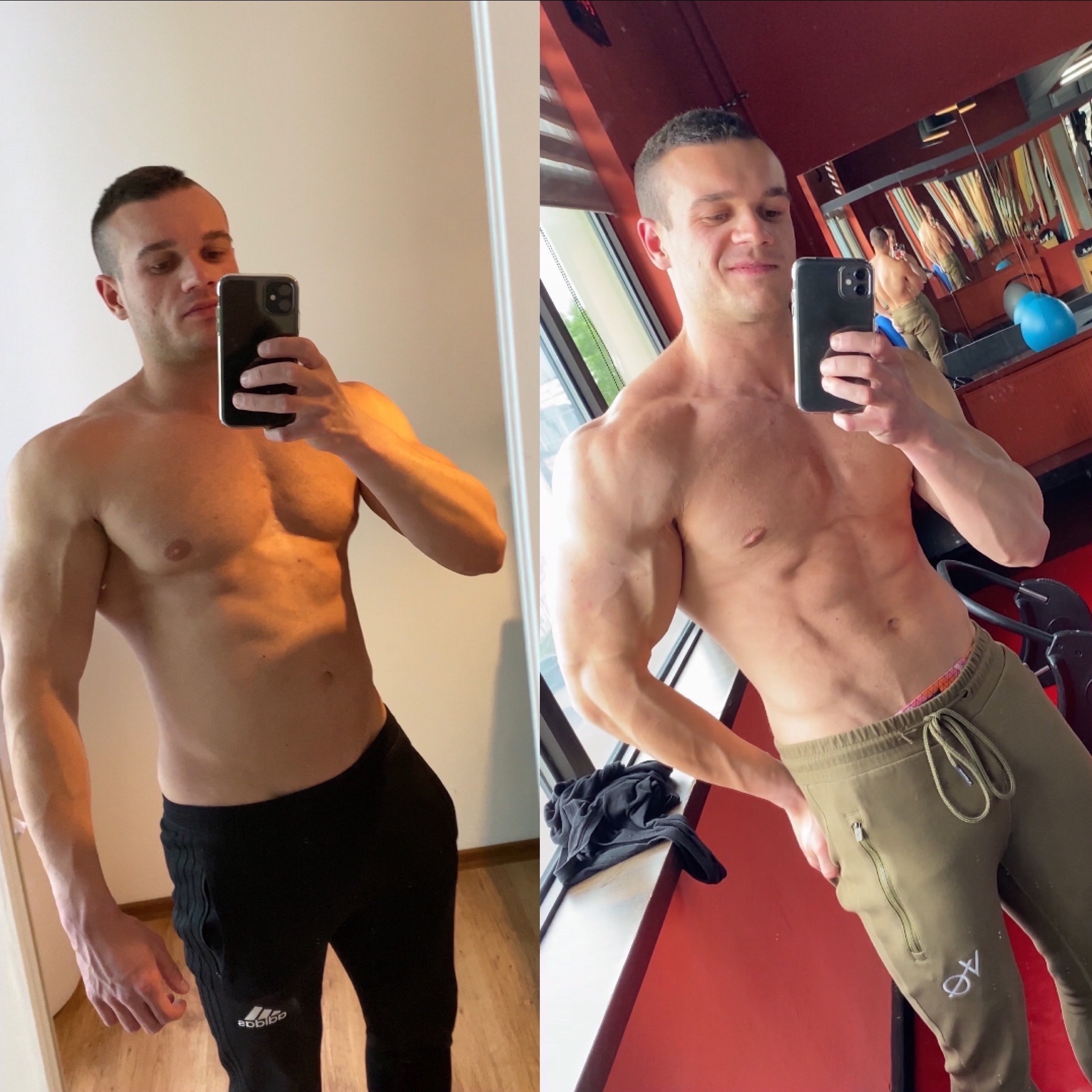 Mężczyzna pozuje do zdjęcia typu 'przed i po' treningu, prezentując zmiany w sylwetce.