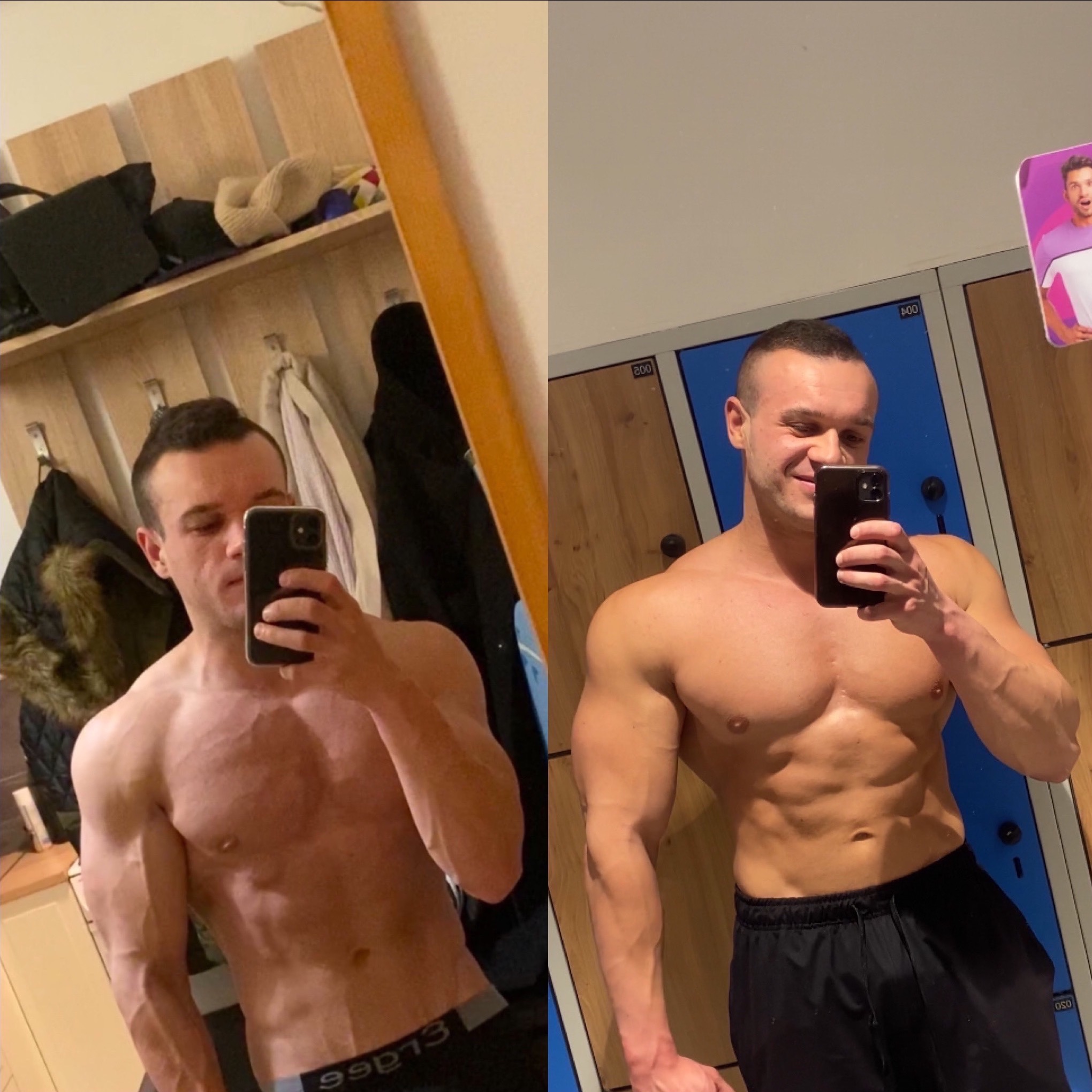 Mężczyzna robi selfie w lustrze, prezentując transformację sylwetki przed i po treningach. Widoczne szafki w tle i różnice w muskulaturze.