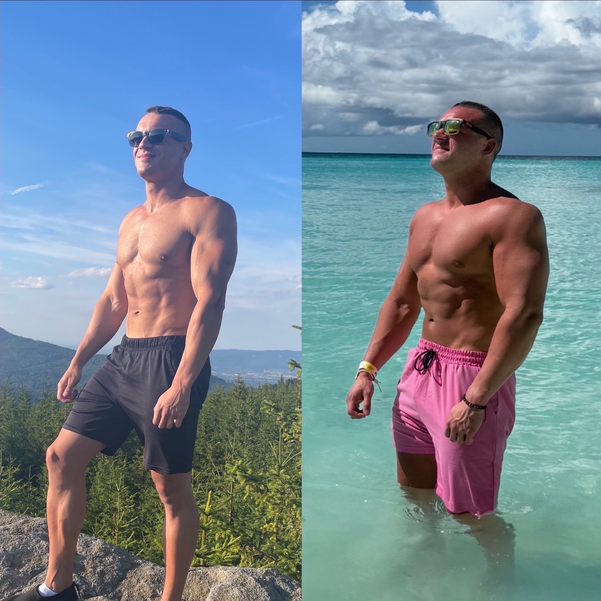 Mężczyzna w okularach prezentuje sylwetkę: po lewej na tle gór, po prawej w turkusowej wodzie. Efekt treningów, metamorfoza sylwetki.