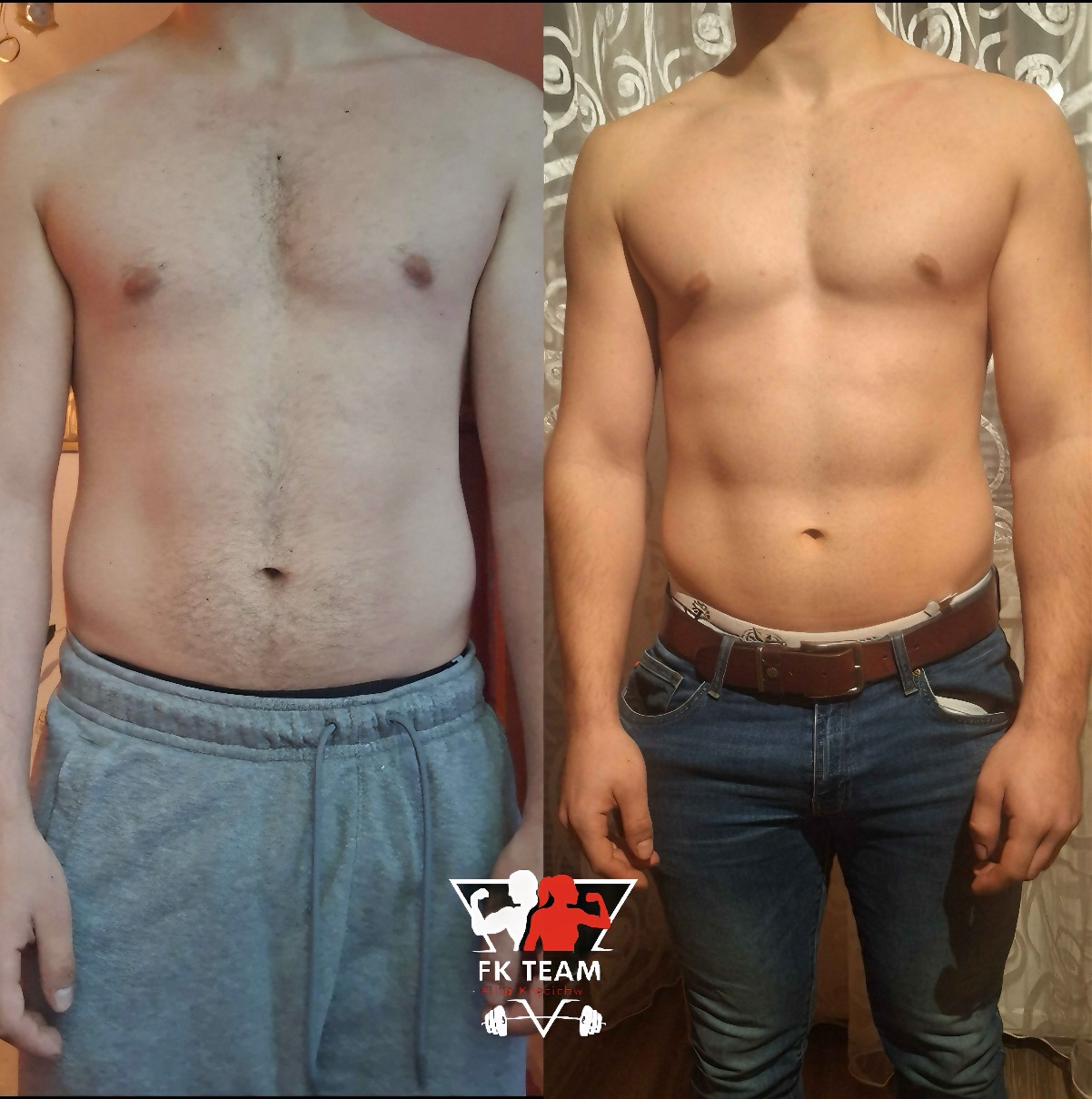 Męska sylwetka przed i po treningu: po lewej stronie w dresach, po prawej w jeansach i pasku, widoczna poprawa muskulatury i redukcja tkanki tłuszczowej.