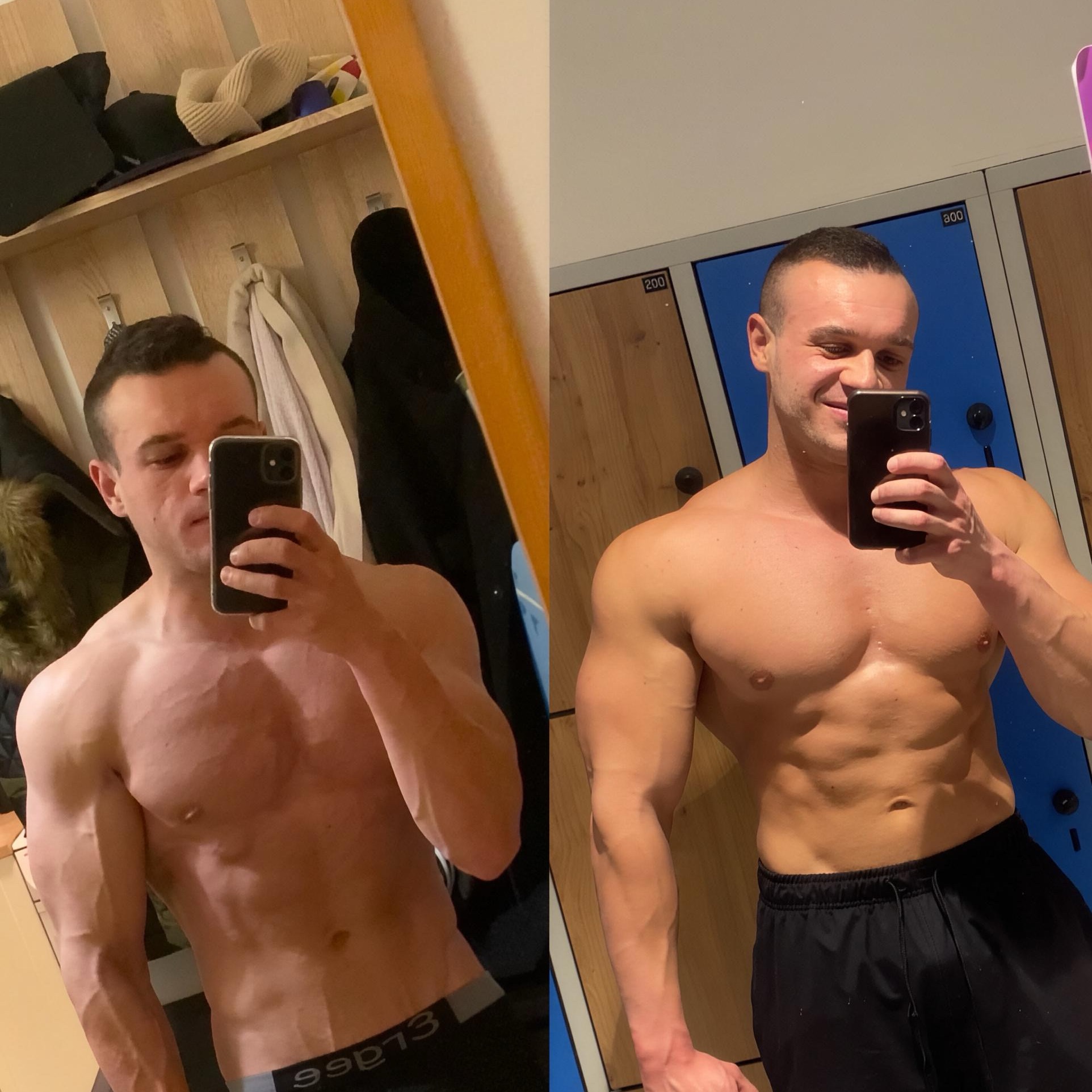 Mężczyzna prezentuje transformację sylwetki: zdjęcie 'przed' z garderoby i 'po' na tle szafek w szatni, trzymając telefon. Widoczna różnica w muskulaturze.