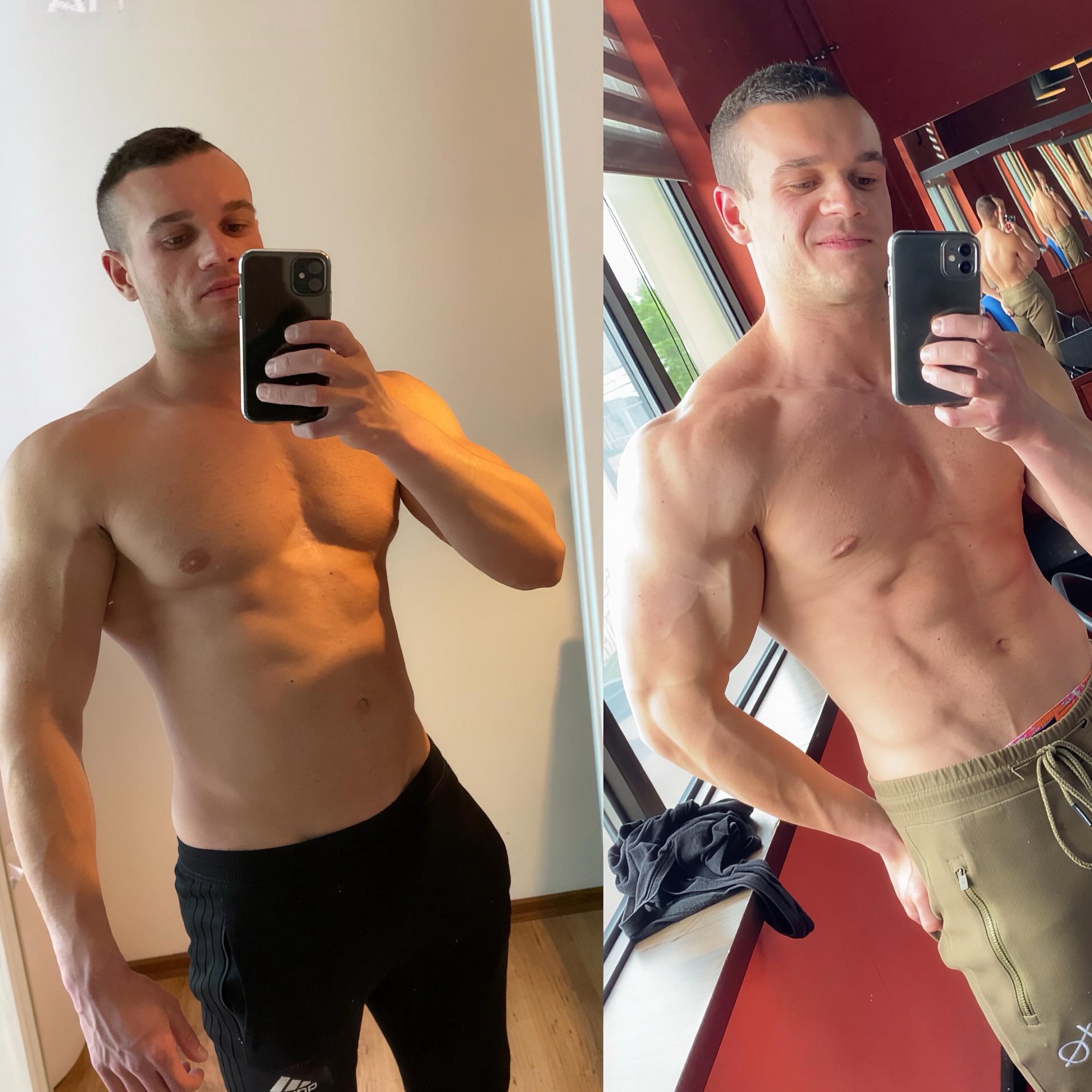 Mężczyzna robi selfie, prezentując transformację sylwetki: po lewej przed treningami, po prawej - widoczny efekt ćwiczeń, zarysowane mięśnie i redukcja tkanki tłuszczowej.
