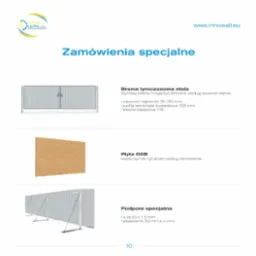 Katalog produktowy producenta tymczasowych bram stalowych, płyt OSB i podpór, z wyszczególnionymi wymiarami i parametrami technicznymi.