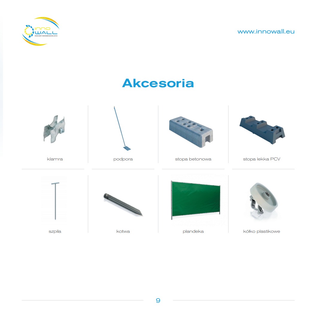 Katalog akcesoriów montażowych do ogrodzeń, w tym klamra, podpora, stopa betonowa, stopa PCV, szpila, kotwa, plandeka i kółko plastikowe, z logo Innowall.