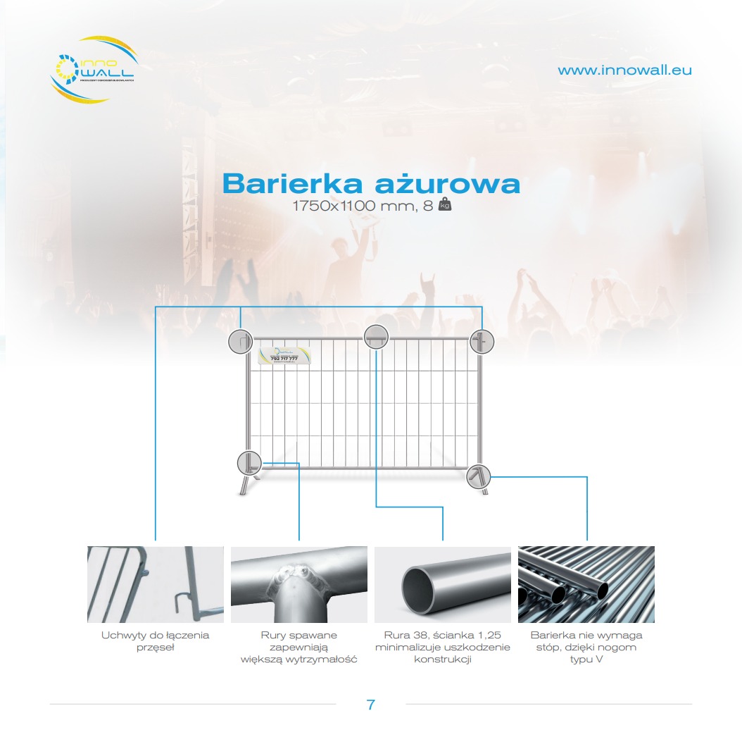 Ilustracja techniczna ażurowej barierki tymczasowej InnoWall z opisem wymiarów 1750x1100mm i wagi 8kg, z detalami konstrukcyjnymi: uchwyty do łączenia przęseł, spawane rury zwiększające...