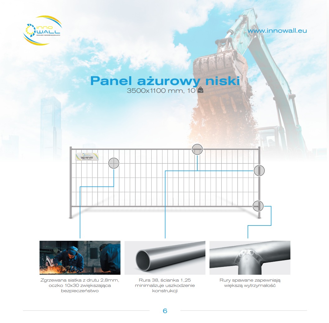 Grafika prezentuje schemat panelu ażurowego niskiego z zaznaczonymi detalami konstrukcyjnymi, takimi jak zgrzewana siatka, rura o określonej grubości ścianki i spawane rury, na rozmytym tle...