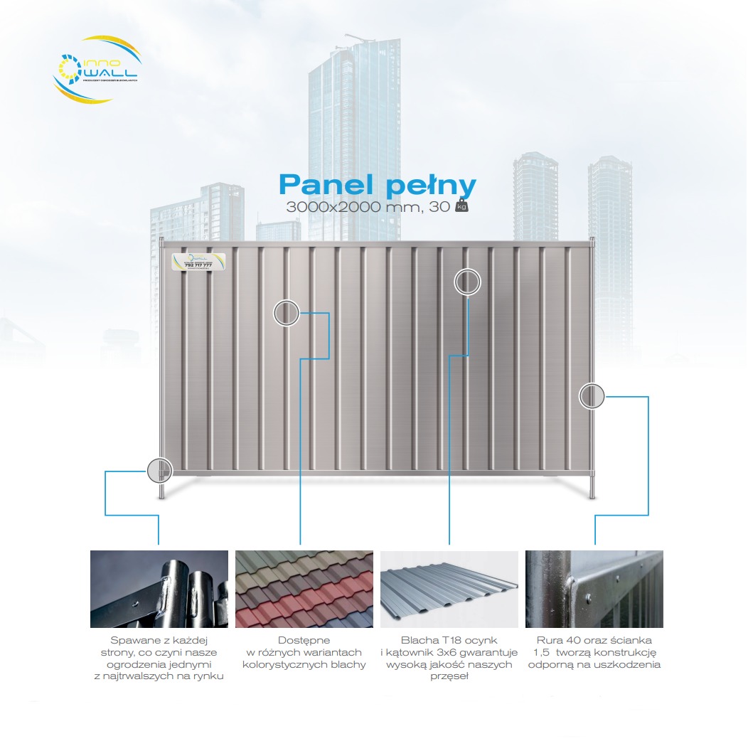 Grafika reklamowa pełnego panelu ogrodzeniowego o wymiarach 3000x2000 mm i wadze 30 kg, z detalami konstrukcyjnymi: spawanymi elementami, różnymi wariantami kolorystycznymi blachy, blachą T18 ocynk...