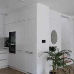 Biała zabudowa kuchenna z piekarnikiem i szafkami, złote uchwyty, parkiet w jodełkę, roślina doniczkowa i okrągłe lustro w minimalistycznym wnętrzu.