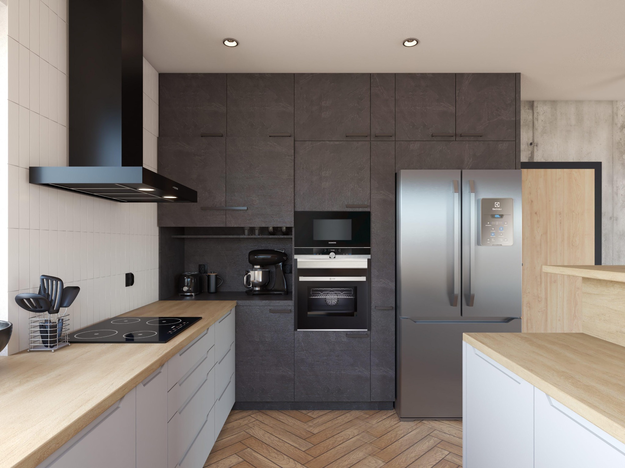Nowoczesna kuchnia z szarymi szafkami o teksturze kamienia, drewnianym blatem i podłogą w jodełkę; widoczny sprzęt AGD: lodówka, piekarnik, płyta indukcyjna i czarny okap.