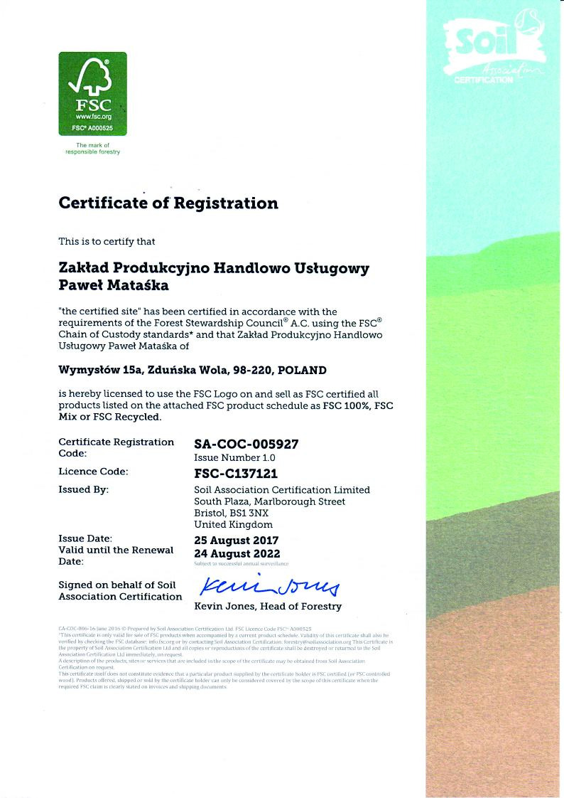Certyfikat rejestracji FSC (Forest Stewardship Council) dla Zakładu Produkcyjno Handlowo Usługowego Paweł Mataśka z Zduńskiej Woli, potwierdzający zgodność z wymogami standardów FSC, z logo FSC...