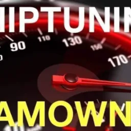 Zdjęcie prędkościomierza samochodowego z nałożonymi napisami CHIPTUNING i HAMOWNIA, wskazówka w okolicach 180 km/h.