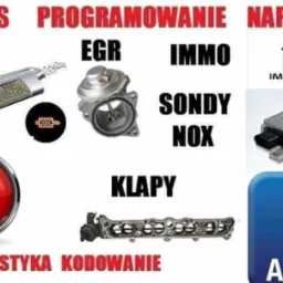 Kompilacja zdjęć i napisów dotyczących serwisu samochodowego, w tym DPF, EGR, IMMO, sondy NOx, klapy, AdBlue, diagnostyka i kodowanie.