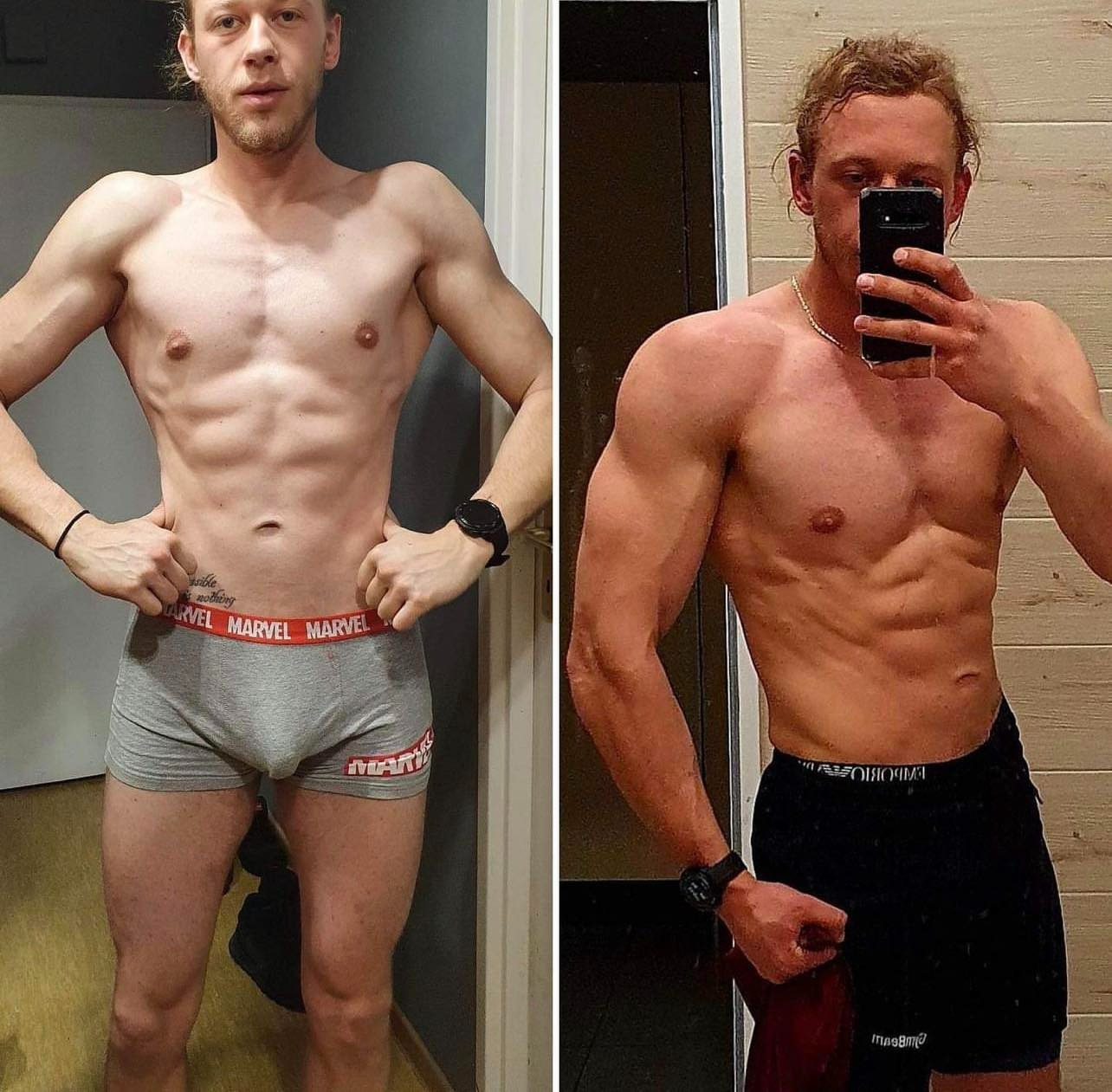 Mężczyzna prezentuje progres sylwetki: po lewej stronie sylwetka przed, w szarych bokserkach Marvel, po prawej stronie po, w czarnych spodenkach Emporio Armani, robi selfie smartfonem.