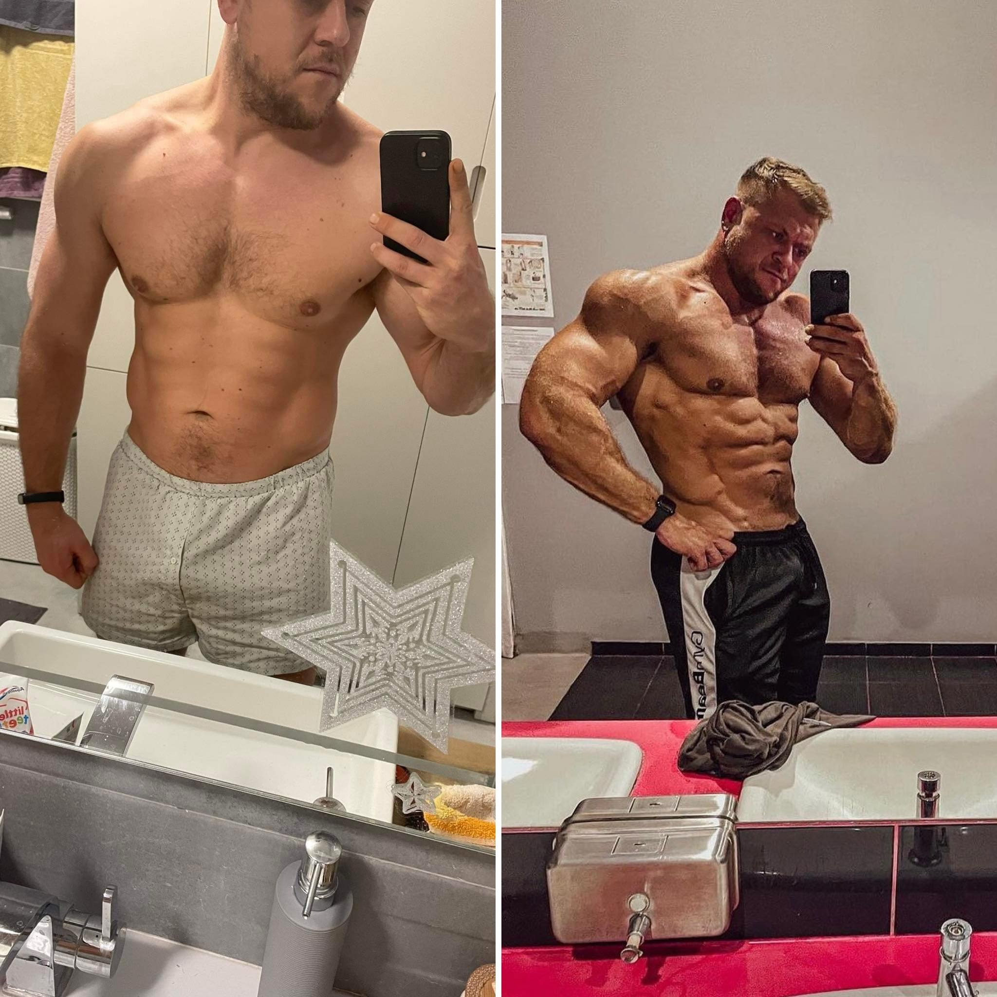 Mężczyzna robiący selfie przed i po treningu, widoczna różnica w muskulaturze i definicji mięśni, na pierwszym planie łazienka z dekoracją w kształcie gwiazdy.