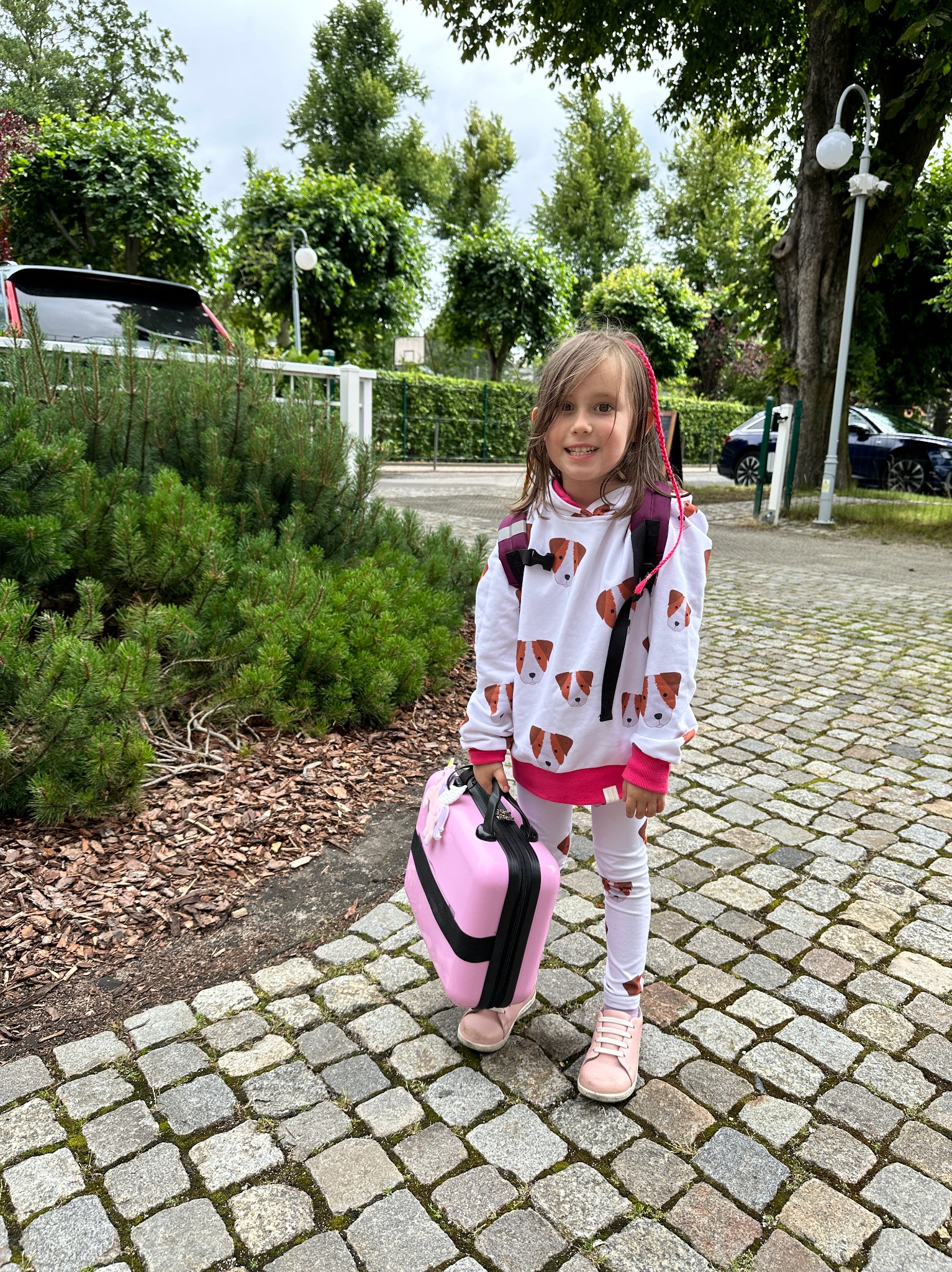 Dziewczynka w bluzie z psami i różową walizką na kółkach, stojąca na brukowanej ścieżce w parku.