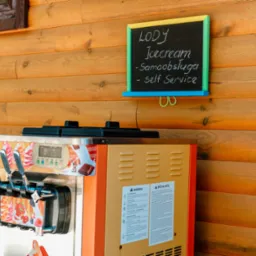 Automat do lodów samoobsługowych z tablicą informacyjną 'Lody - Icecream - Samoobsługa - self service' na tle drewnianej ściany.