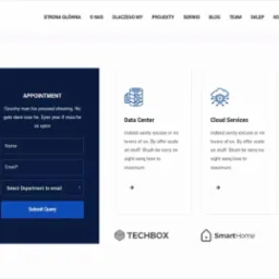 Projekt strony internetowej z formularzem kontaktowym i wizualizacjami usług Data Center, Cloud Services i Software Development, uzupełniony logotypami firm.