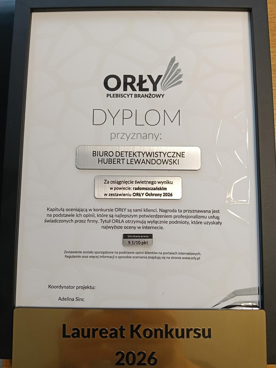 Dyplom 'Orły Plebiscyt Branżowy' dla Biura Detektywistycznego Hubert Lewandowski za wynik w powiecie radomszczańskim w zestawieniu ORŁY Ochrony 2026.