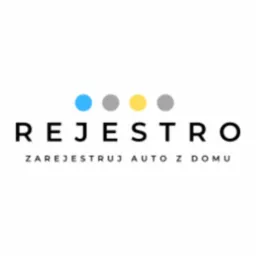 Logo firmy Rejestro z hasłem 'Zarejestruj auto z domu', z czterema kropkami w kolorach niebieskim, szarym, żółtym i szarym nad nazwą.