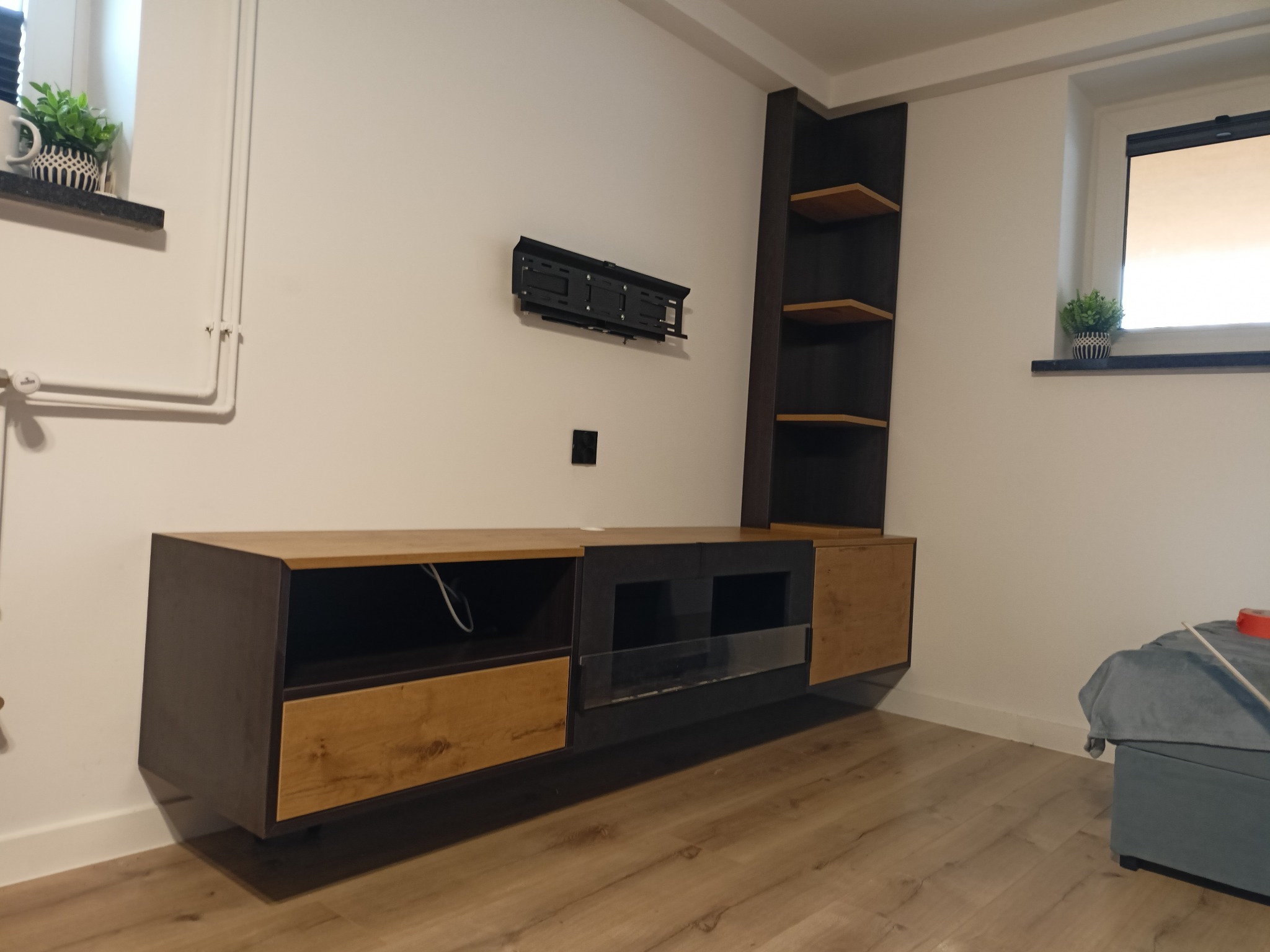 Nowoczesna zabudowa ściany w salonie z ciemnymi i drewnianymi elementami, obejmująca szafkę RTV, półki i uchwyt na telewizor, uzupełniona roślinami w doniczkach.