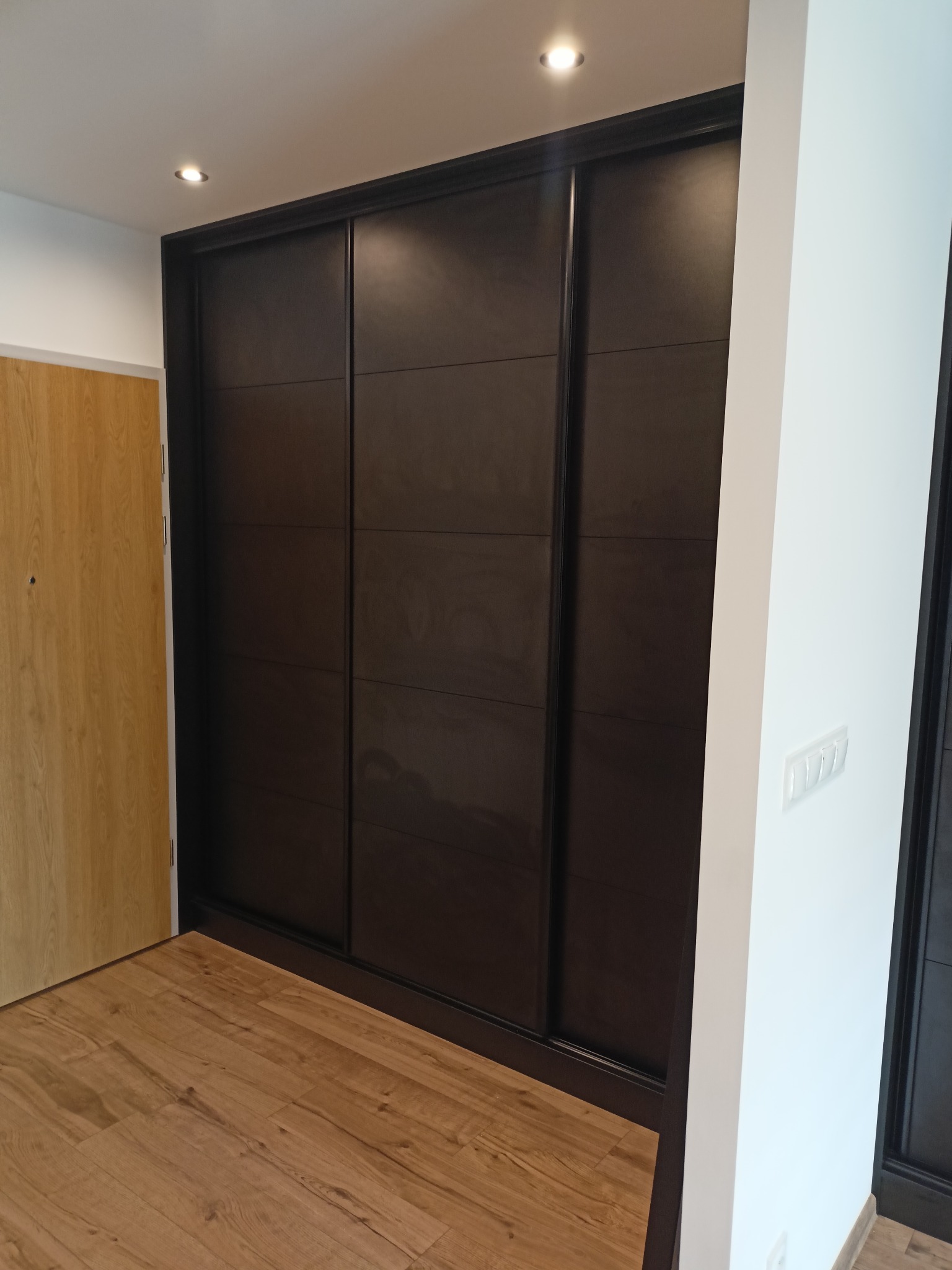 Ciemna, zabudowana szafa przesuwna z panelami, wkomponowana we wnękę w przedpokoju, z widoczną drewnianą podłogą i drzwiami wejściowymi po lewej stronie.
