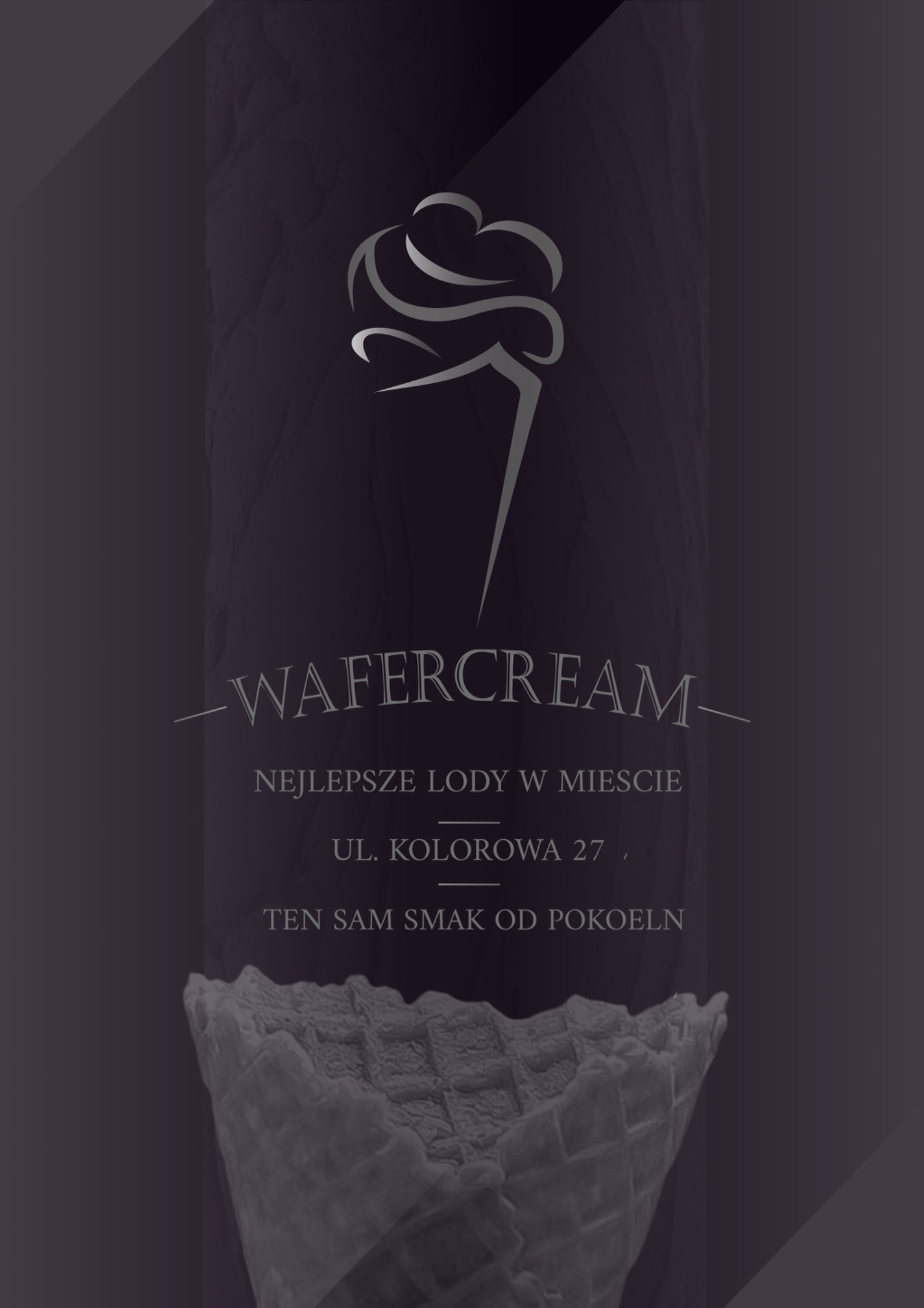 Elegancki projekt logo lodziarni Wafercream z motywem wafelka i napisem 'Najlepsze lody w mieście, ul. Kolorowa 27, Ten sam smak od pokoleń' na ciemnym tle.