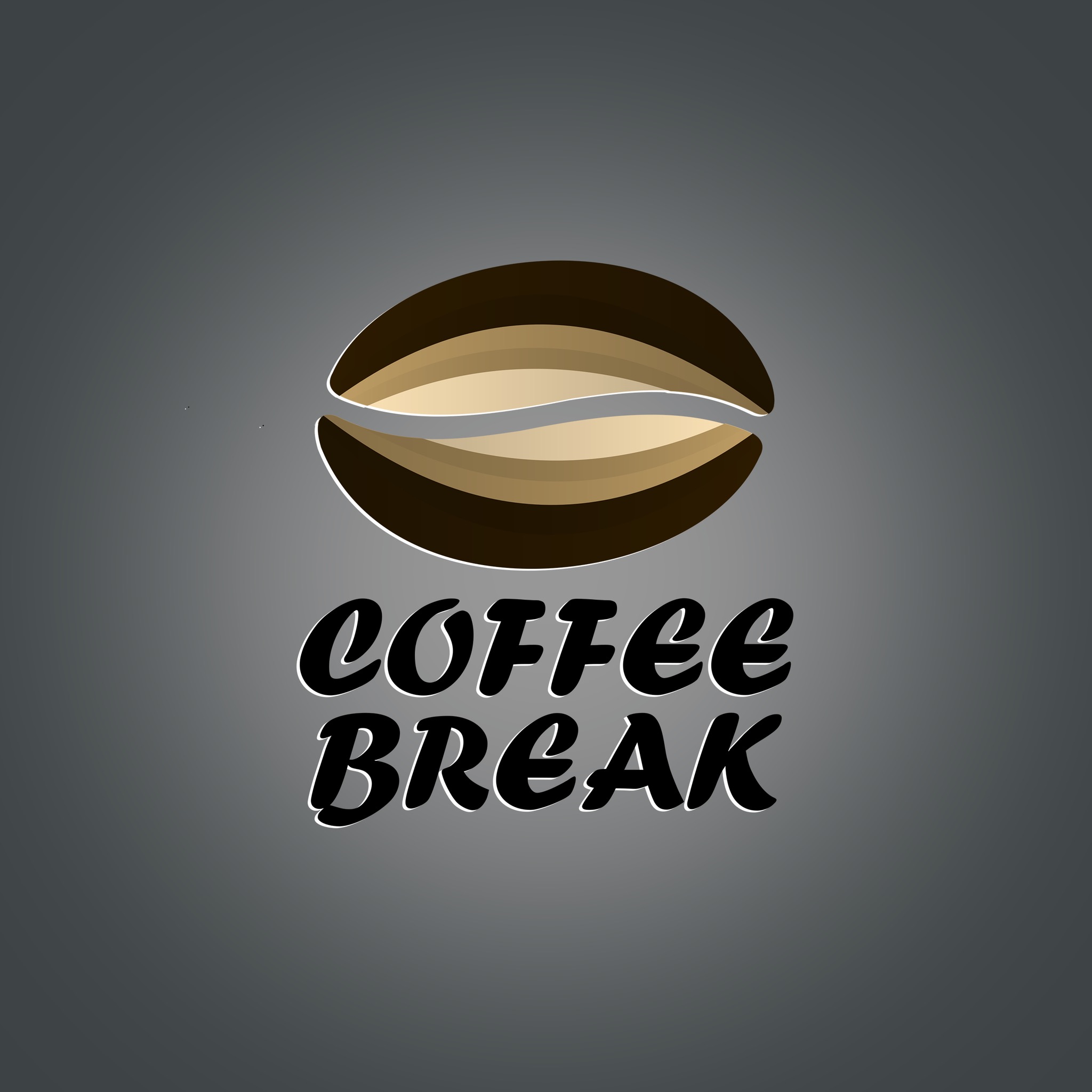 Grafika wektorowa przedstawiająca stylizowane ziarno kawy z napisem 'COFFEE BREAK' na szarym tle.