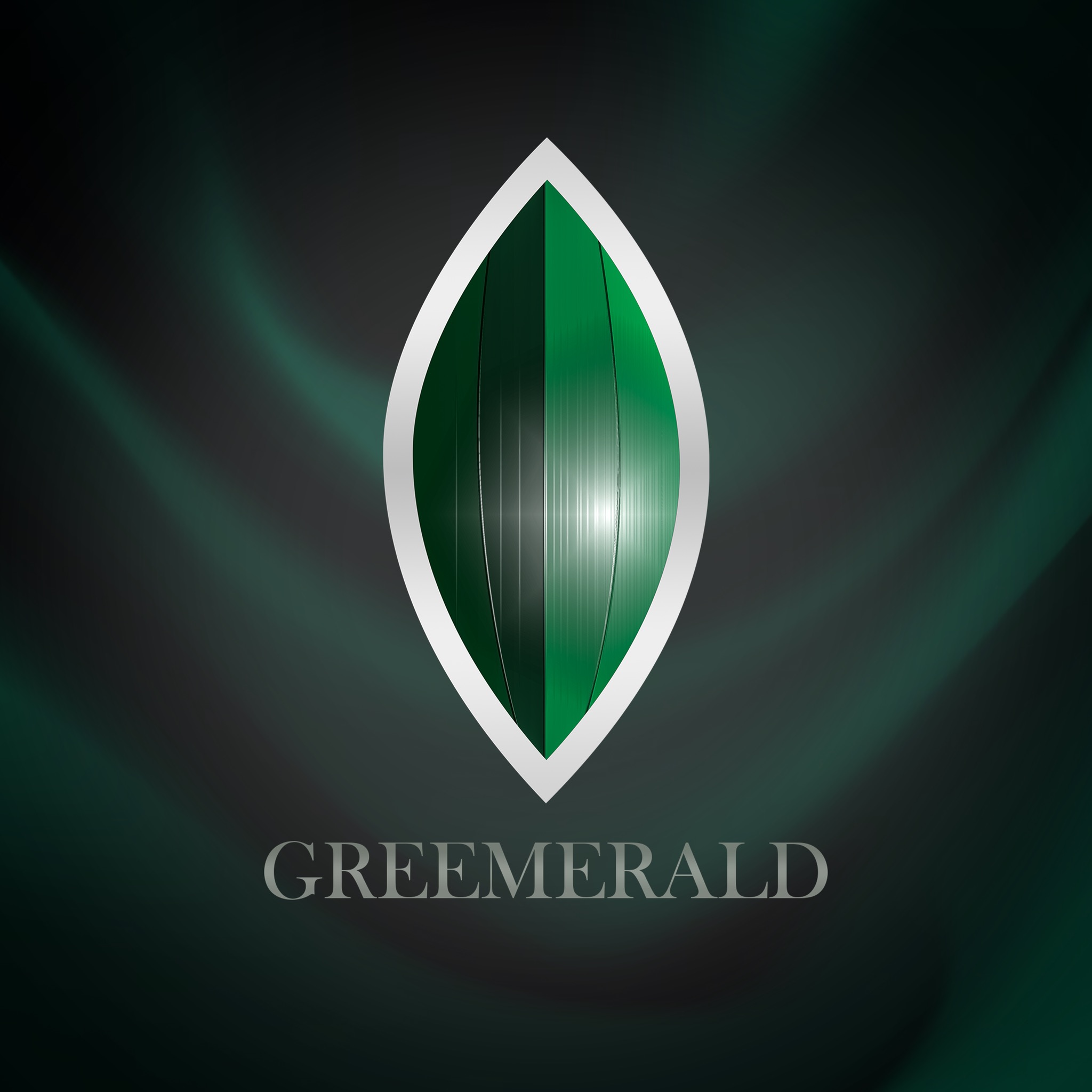 Logo firmy Greemerald: Stylizowany, zielony liść z metalicznym połyskiem, obramowany srebrem, na ciemnym, zielonym tle.