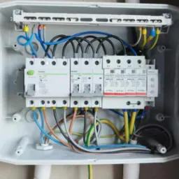 Otwarta skrzynka rozdzielcza z zabezpieczeniami przepięciowymi i bezpiecznikami firmy Noark, z widocznymi przewodami o różnych kolorach, zamontowana na ścianie w Przasnyszu, obok rury instalacyjnej.