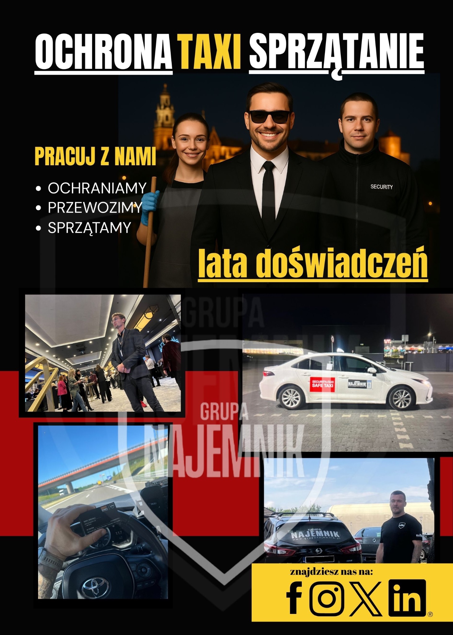 Usługi: ochrona, taxi, sprzątanie. Grafika z pracownikami, taksówką i logo 'Grupa Najemnik', oferującej kompleksowe usługi. Prezentacja firmy w social mediach.