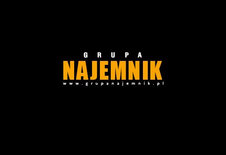 Logo firmy 'Grupa Najemnik' z adresem strony internetowej, świadczącej usługi w Krakowie, na czarnym tle.