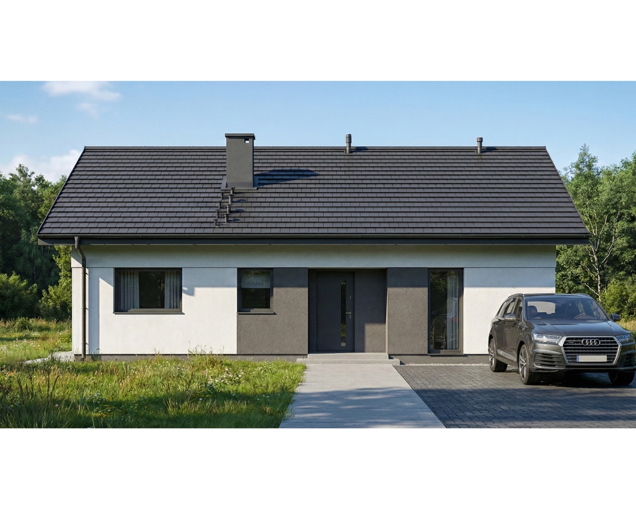 Nowoczesny dom jednorodzinny z szarą dachówką i elewacją w odcieniach bieli i szarości. Na podjeździe stoi szary samochód osobowy. Widoczne drzewa w tle.