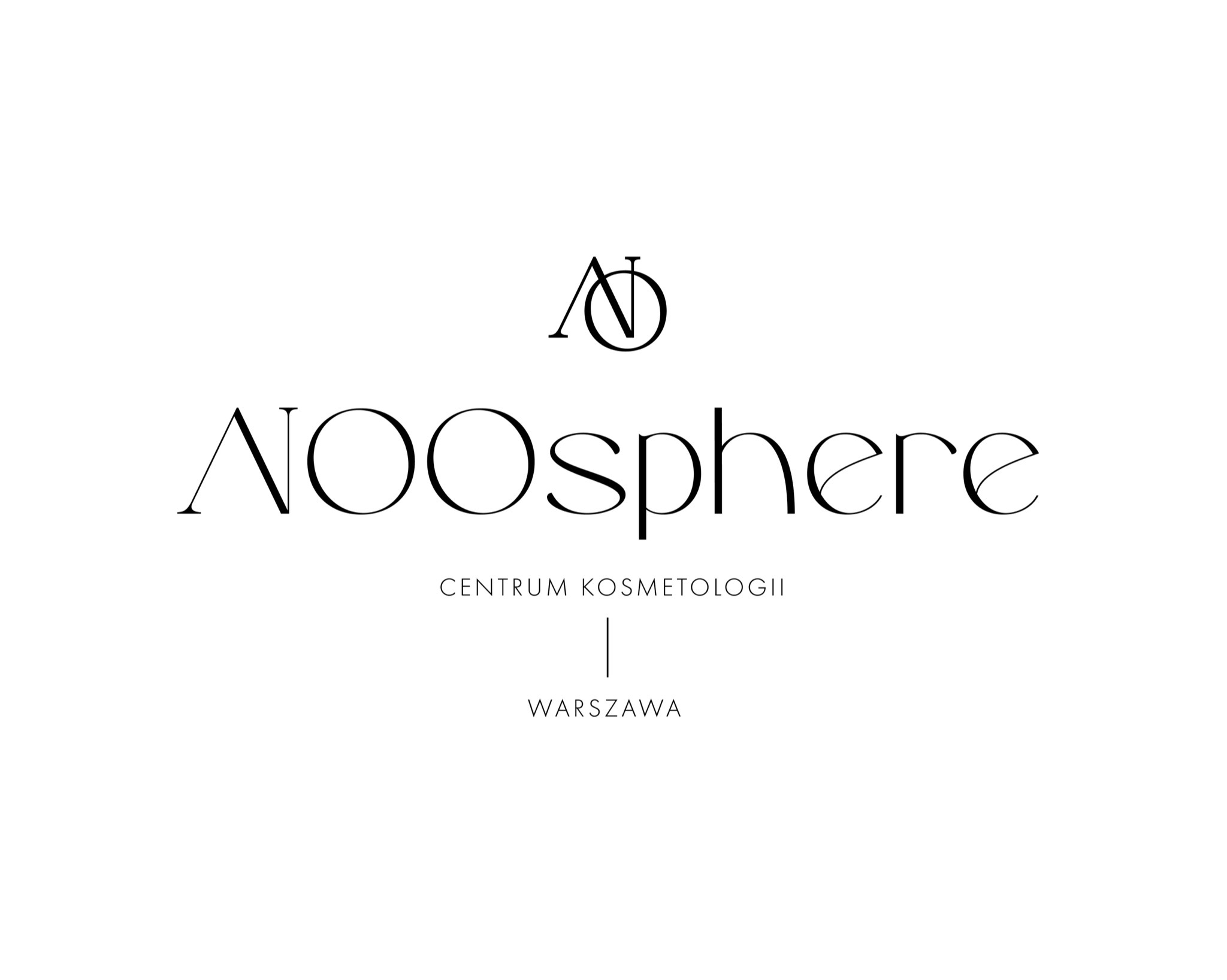 Logo 'NOOsphere Centrum Kosmetologii Warszawa' w minimalistycznym stylu, czarne litery na białym tle, elegancki font.